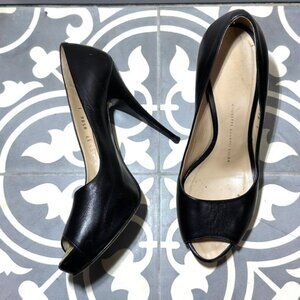 Leather Peep Toe Pumps Heels Black Women 6.5/EU37 Platform